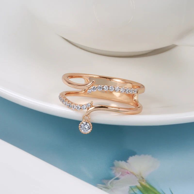 Elegant 585 Rose Gold Geometric Cocktail Ring with Natural Zircon and Micro Wax Inlay