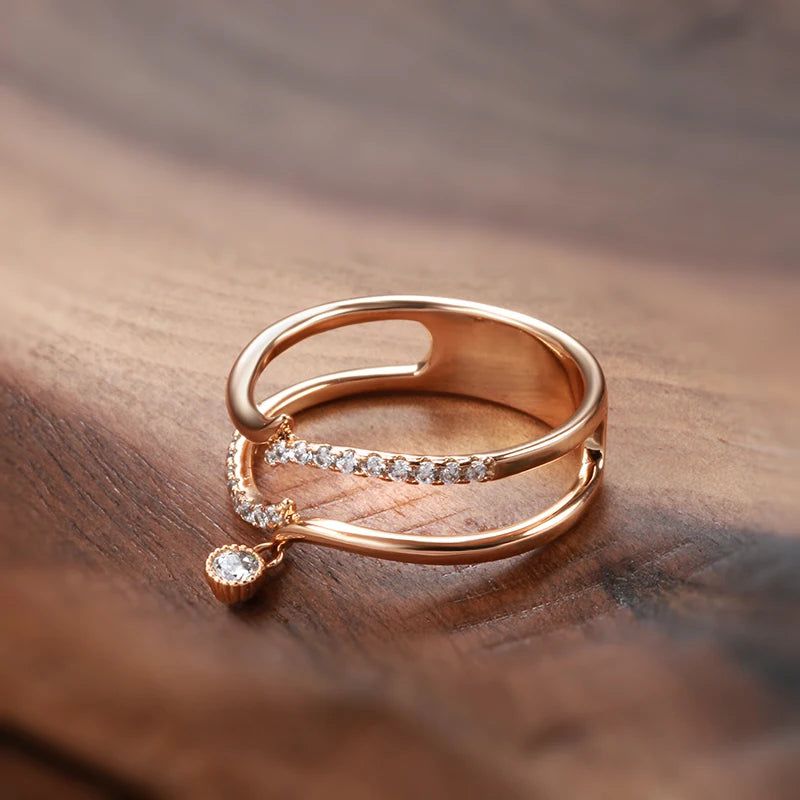 Elegant 585 Rose Gold Geometric Cocktail Ring with Natural Zircon and Micro Wax Inlay