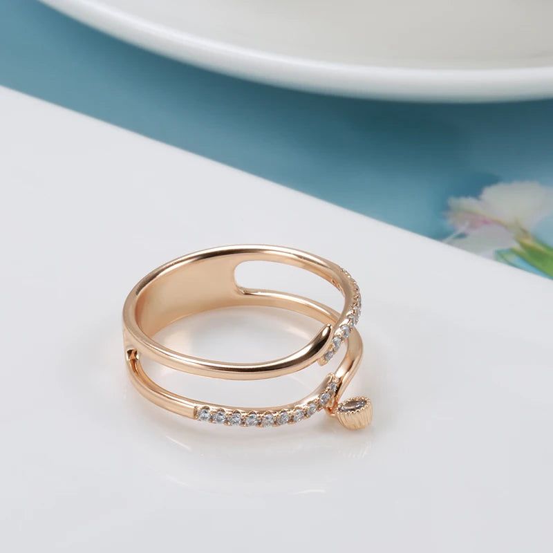 Elegant 585 Rose Gold Geometric Cocktail Ring with Natural Zircon and Micro Wax Inlay