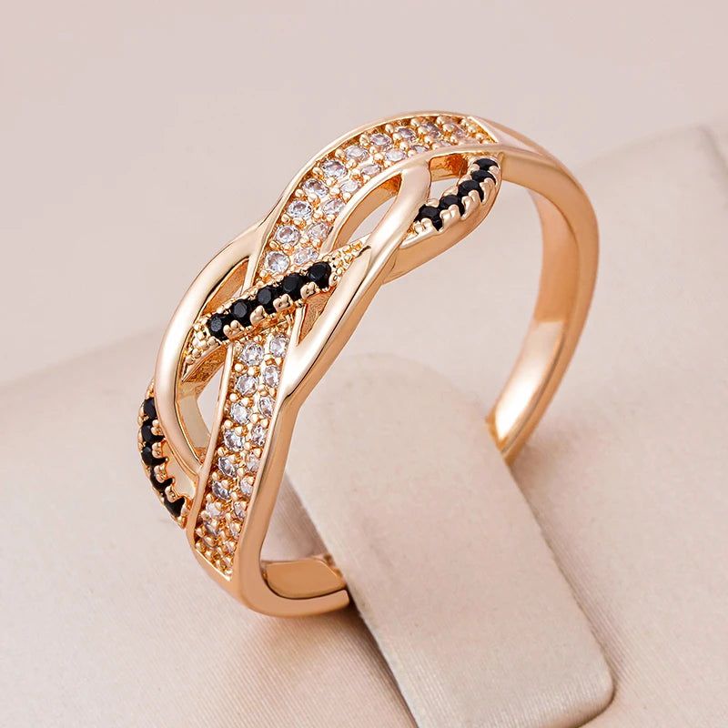 Elegant 585 Rose Gold Geometric Cross Ring with Black Natural Zircon - Vintage Fashion Jewelry