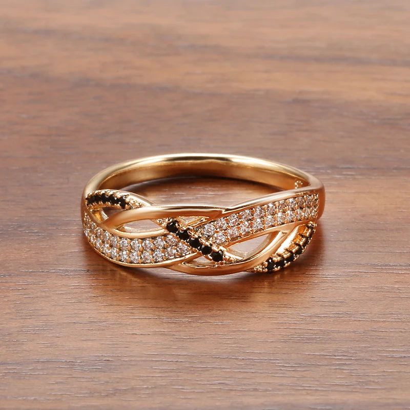 Elegant 585 Rose Gold Geometric Cross Ring with Black Natural Zircon - Vintage Fashion Jewelry