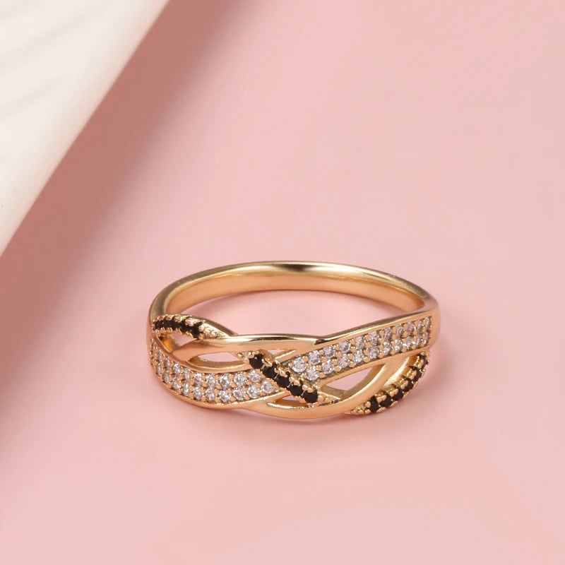 Elegant 585 Rose Gold Geometric Cross Ring with Black Natural Zircon - Vintage Fashion Jewelry