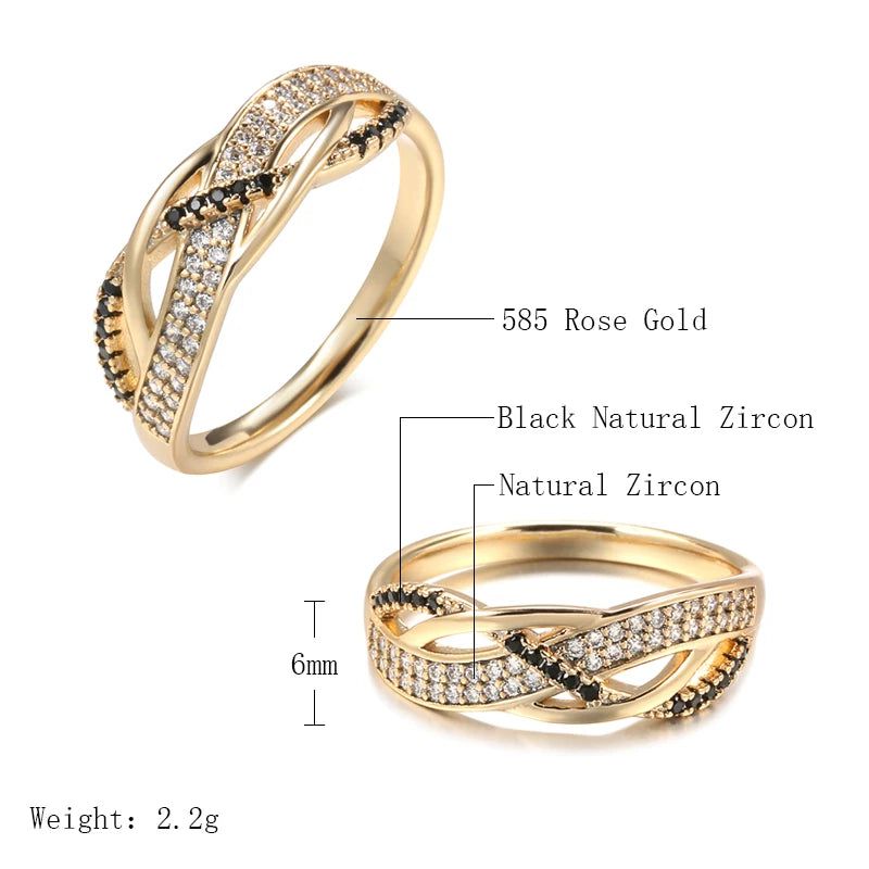 Elegant 585 Rose Gold Geometric Cross Ring with Black Natural Zircon - Vintage Fashion Jewelry