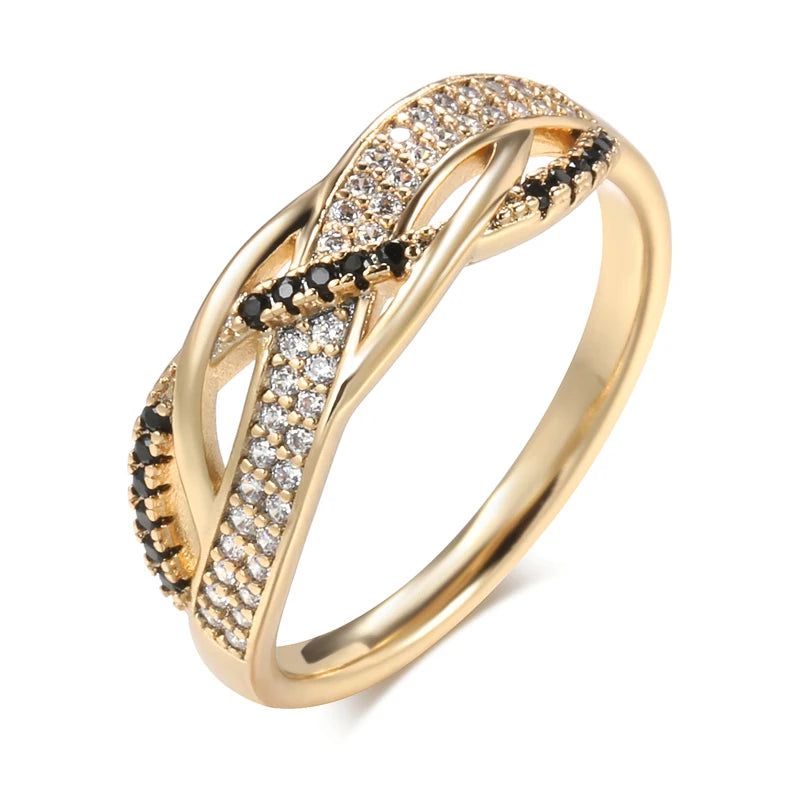 Elegant 585 Rose Gold Geometric Cross Ring with Black Natural Zircon - Vintage Fashion Jewelry