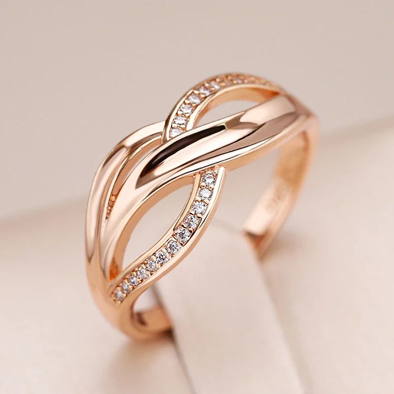 Elegant 585 Rose Gold Geometric Cross Ring with Natural Zircon and Micro-Wax Inlay