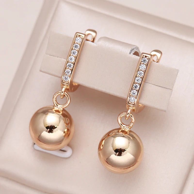 Elegant 585 Rose Gold Geometric Dangle Earrings with Glossy Ball and Natural Zircon Accents