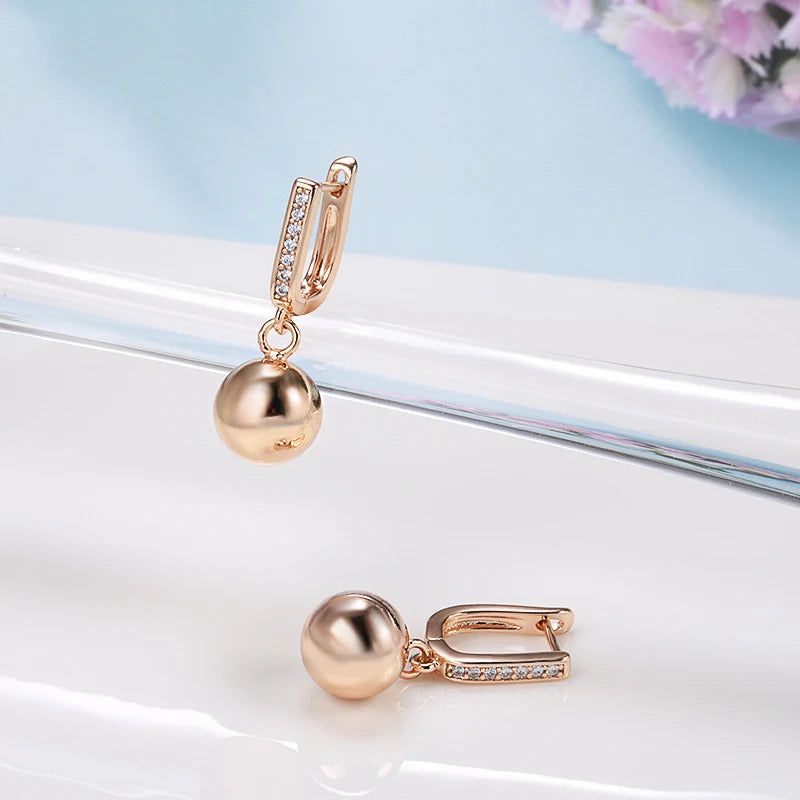 Elegant 585 Rose Gold Geometric Dangle Earrings with Glossy Ball and Natural Zircon Accents