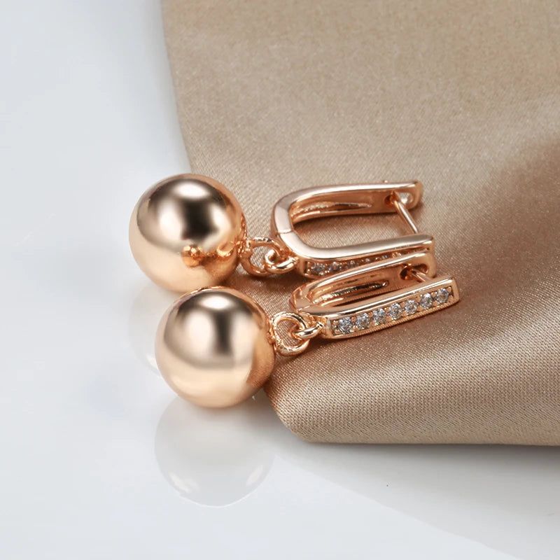 Elegant 585 Rose Gold Geometric Dangle Earrings with Glossy Ball and Natural Zircon Accents