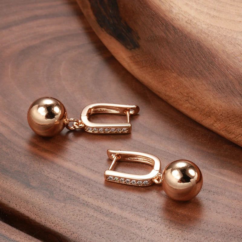 Elegant 585 Rose Gold Geometric Dangle Earrings with Glossy Ball and Natural Zircon Accents