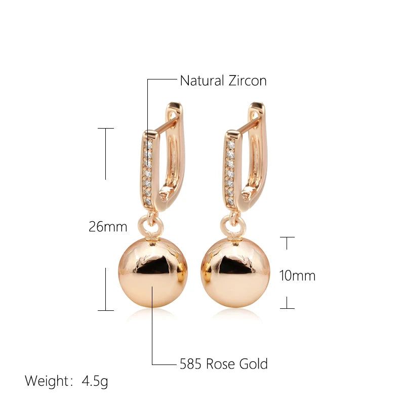 Elegant 585 Rose Gold Geometric Dangle Earrings with Glossy Ball and Natural Zircon Accents