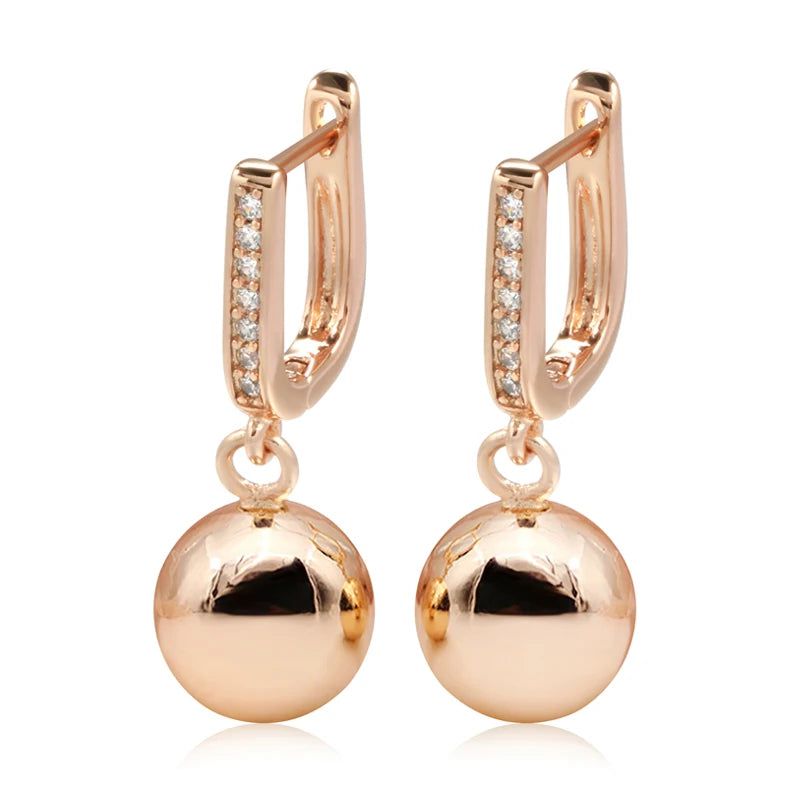 Elegant 585 Rose Gold Geometric Dangle Earrings with Glossy Ball and Natural Zircon Accents