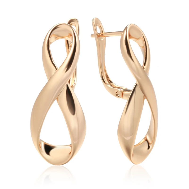 Elegant 585 Rose Gold Geometric Drop Earrings - Unique Fashion Jewelry with Glossy Hollow Design