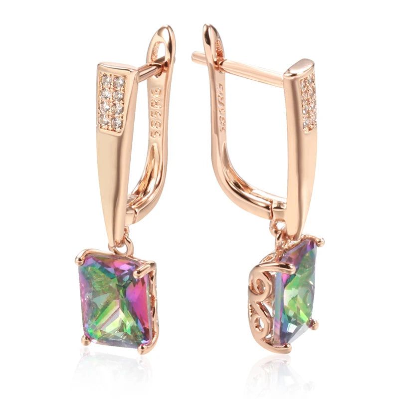 Elegant 585 Rose Gold Geometric Drop Earrings with Colorful Natural Zircon