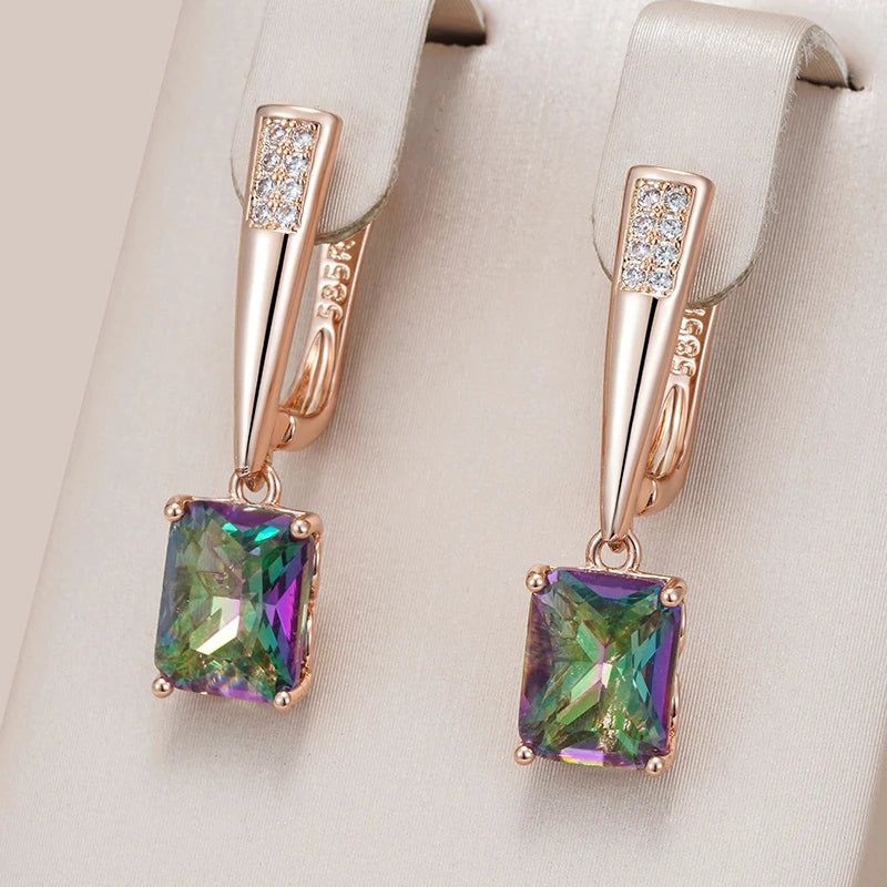 Elegant 585 Rose Gold Geometric Drop Earrings with Colorful Natural Zircon