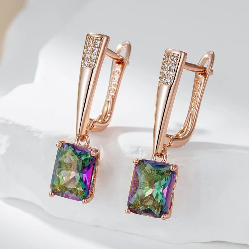 Elegant 585 Rose Gold Geometric Drop Earrings with Colorful Natural Zircon