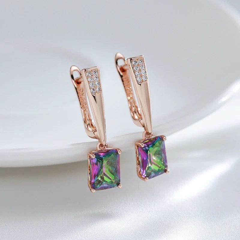 Elegant 585 Rose Gold Geometric Drop Earrings with Colorful Natural Zircon