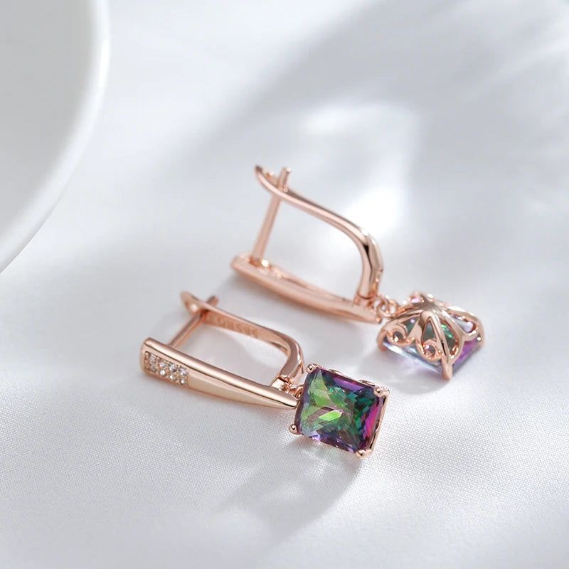 Elegant 585 Rose Gold Geometric Drop Earrings with Colorful Natural Zircon