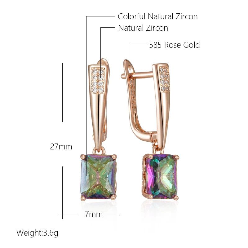 Elegant 585 Rose Gold Geometric Drop Earrings with Colorful Natural Zircon