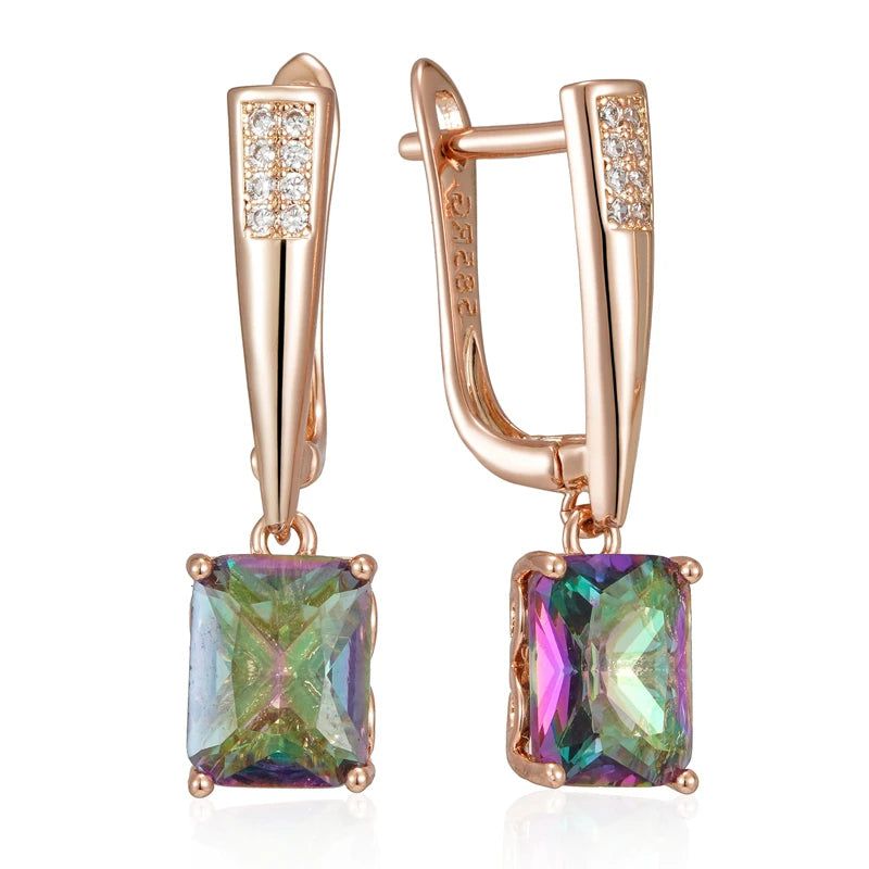 Elegant 585 Rose Gold Geometric Drop Earrings with Colorful Natural Zircon