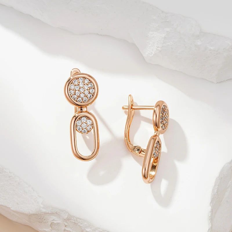 Elegant 585 Rose Gold Geometric Drop Earrings with Natural Zircon and Micro-Wax Inlay for Bridal Elegance