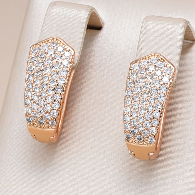 Elegant 585 Rose Gold Geometric Drop Earrings with Shiny Natural Zircon