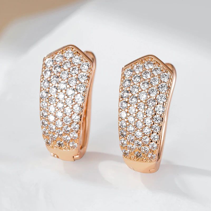 Elegant 585 Rose Gold Geometric Drop Earrings with Shiny Natural Zircon