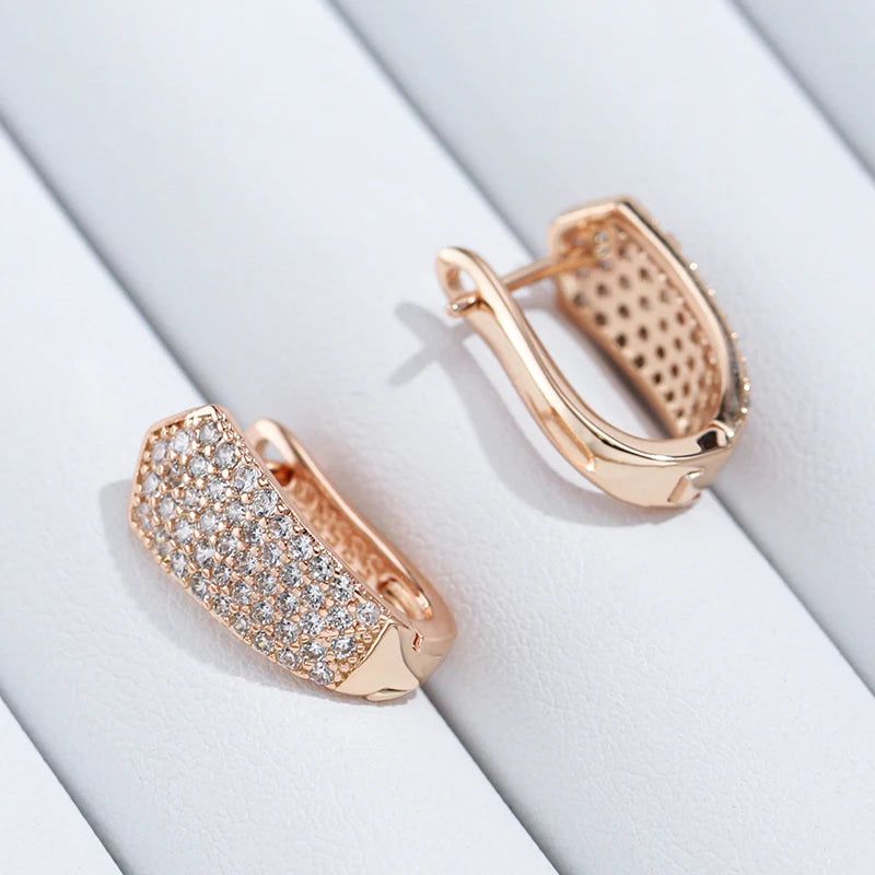 Elegant 585 Rose Gold Geometric Drop Earrings with Shiny Natural Zircon