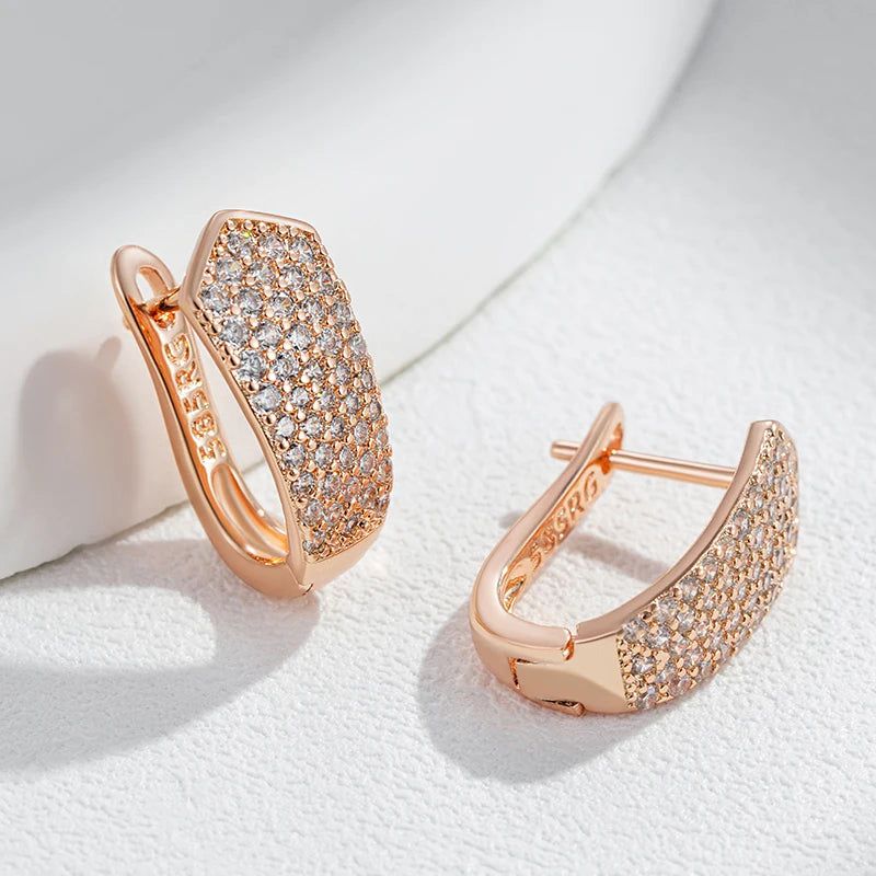 Elegant 585 Rose Gold Geometric Drop Earrings with Shiny Natural Zircon