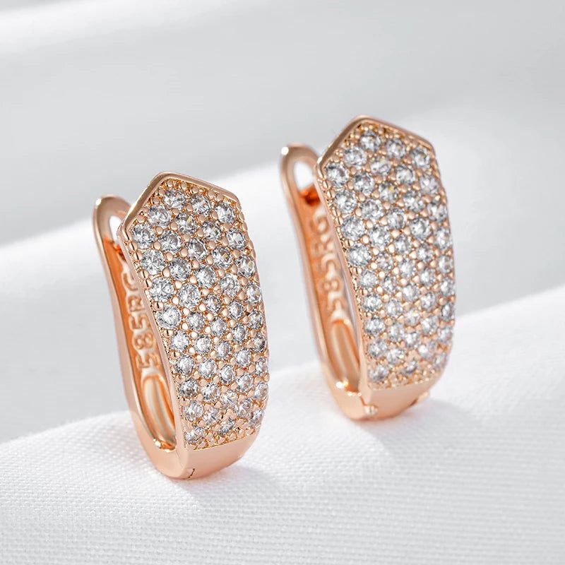 Elegant 585 Rose Gold Geometric Drop Earrings with Shiny Natural Zircon