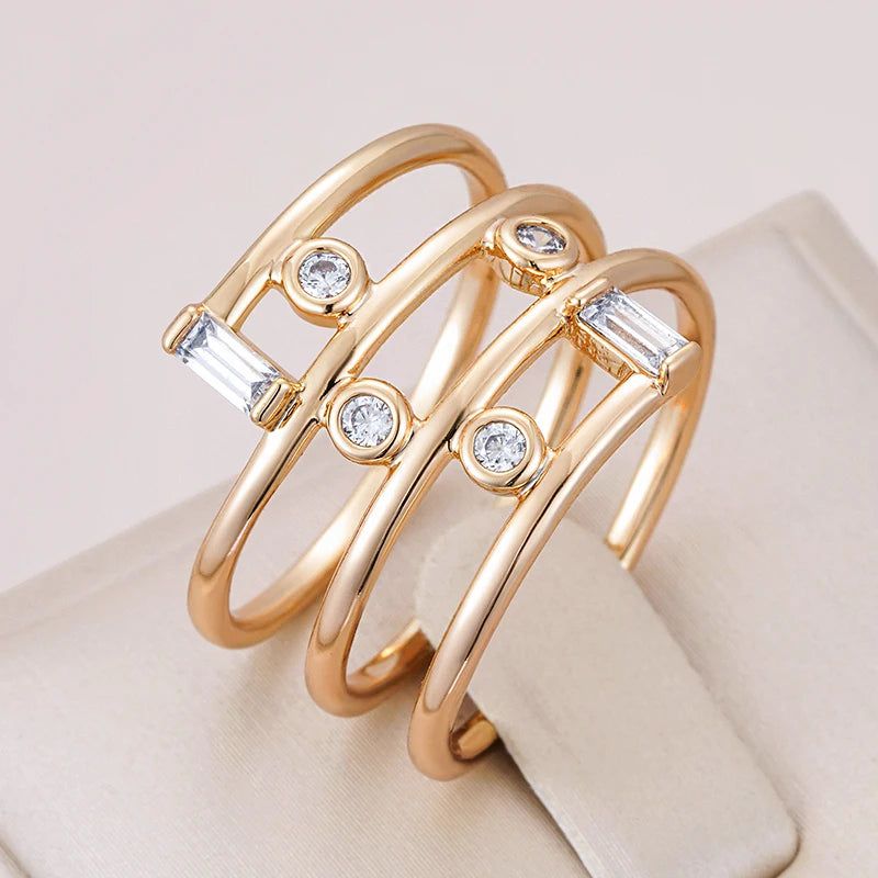 Elegant 585 Rose Gold Geometric Hollow Ring with Natural Zircon Accents