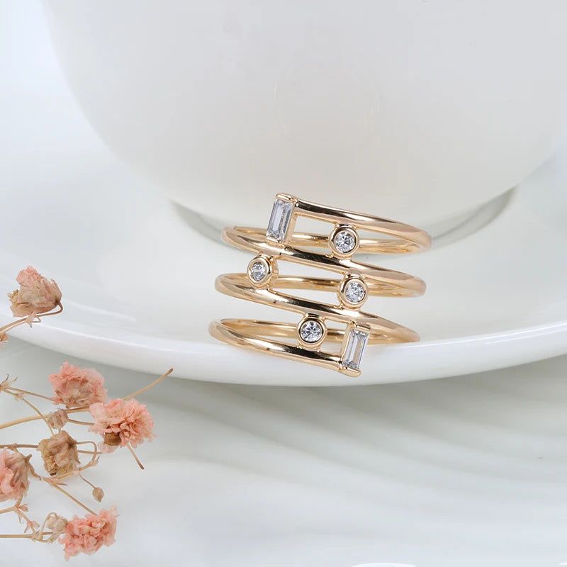 Elegant 585 Rose Gold Geometric Hollow Ring with Natural Zircon Accents