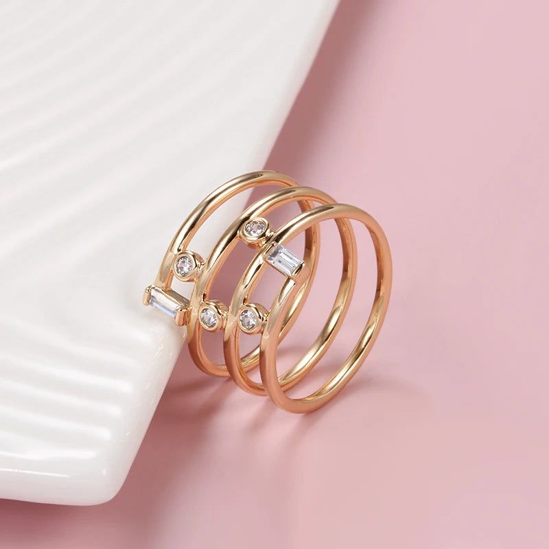 Elegant 585 Rose Gold Geometric Hollow Ring with Natural Zircon Accents