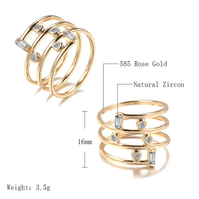 Elegant 585 Rose Gold Geometric Hollow Ring with Natural Zircon Accents