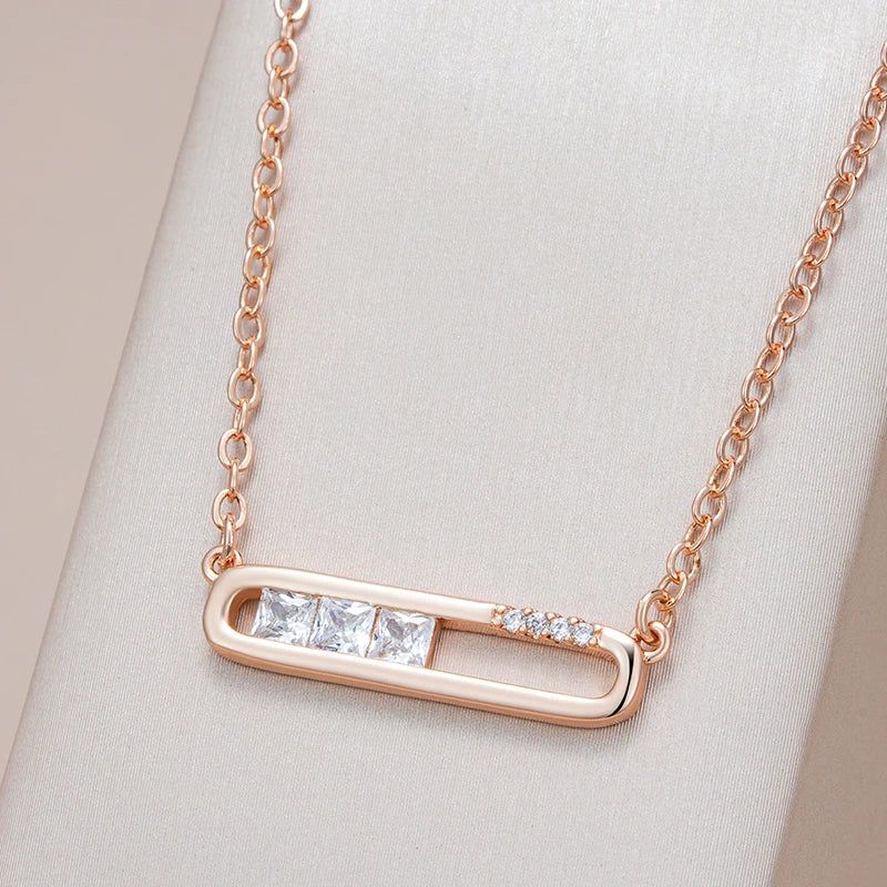 Elegant 585 Rose Gold Geometric Pendant Necklace with Shiny Natural Zircon