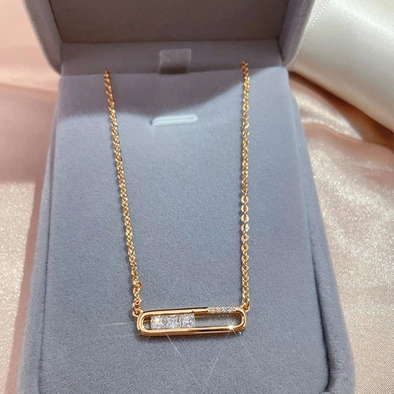 Elegant 585 Rose Gold Geometric Pendant Necklace with Shiny Natural Zircon