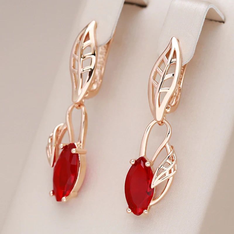 Elegant 585 Rose Gold Geometric Rhombus Dangle Earrings with Red Natural Zircon