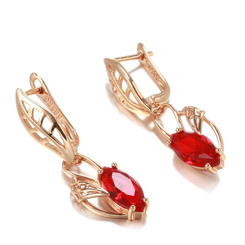 Elegant 585 Rose Gold Geometric Rhombus Dangle Earrings with Red Natural Zircon