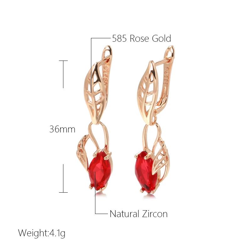 Elegant 585 Rose Gold Geometric Rhombus Dangle Earrings with Red Natural Zircon