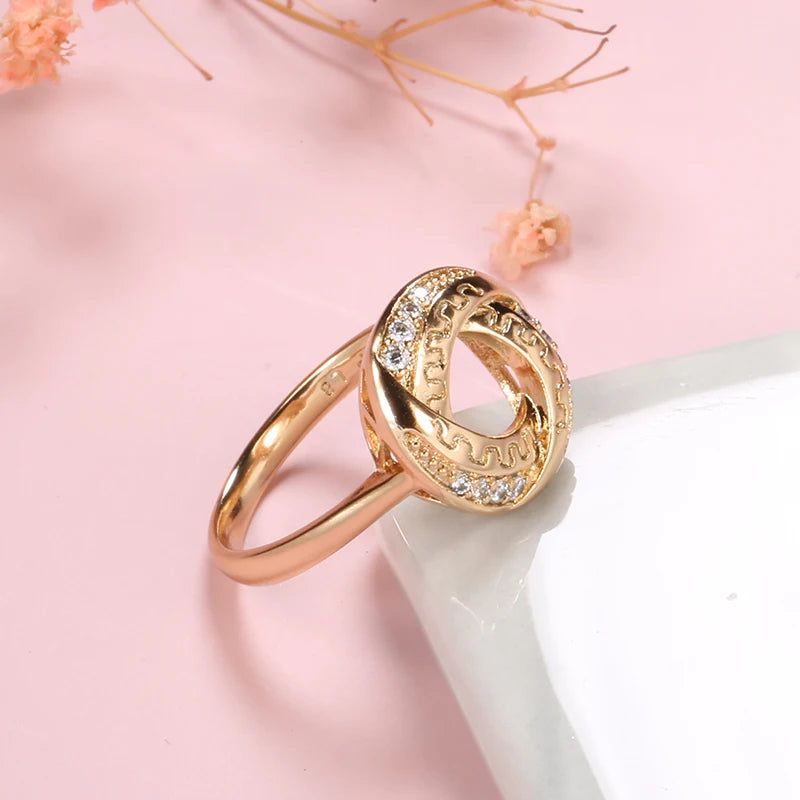 Elegant 585 Rose Gold Geometric Ring with Natural Zircon and Micro-Wax Inlay