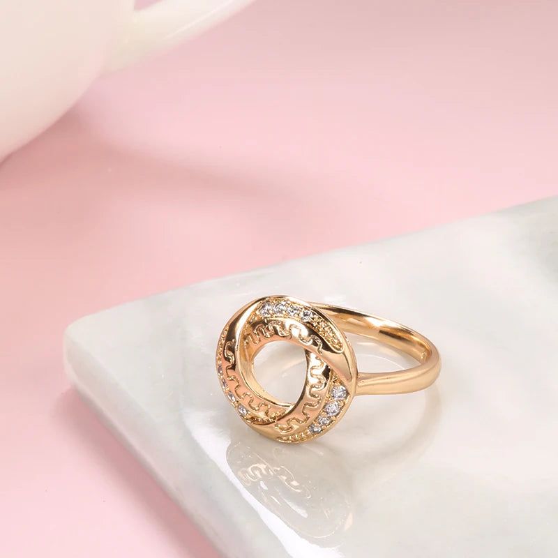 Elegant 585 Rose Gold Geometric Ring with Natural Zircon and Micro-Wax Inlay