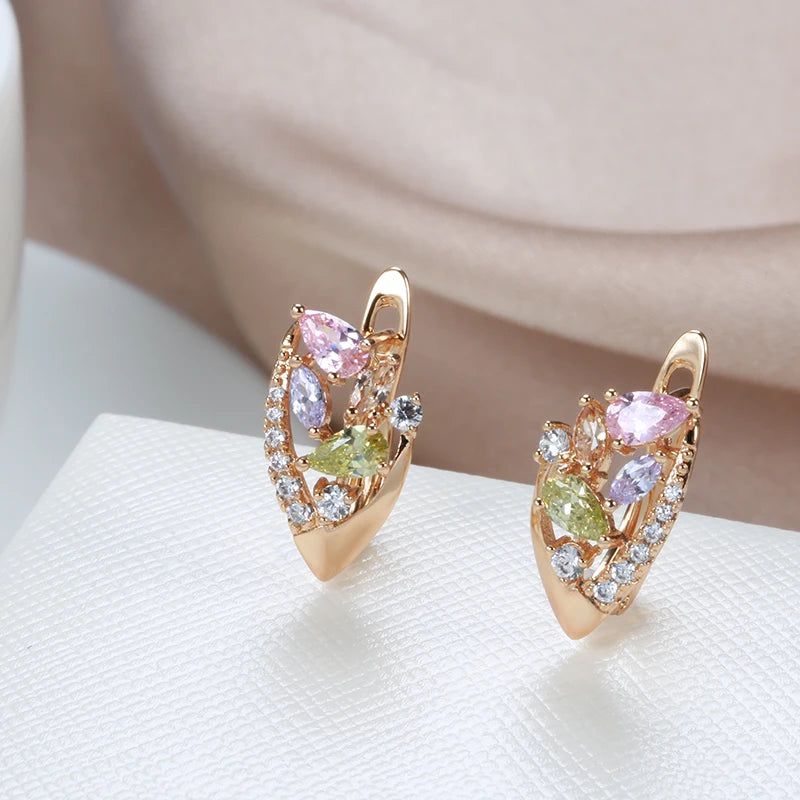 Elegant 585 Rose Gold Geometric Stud Earrings with Pink Natural Zircon