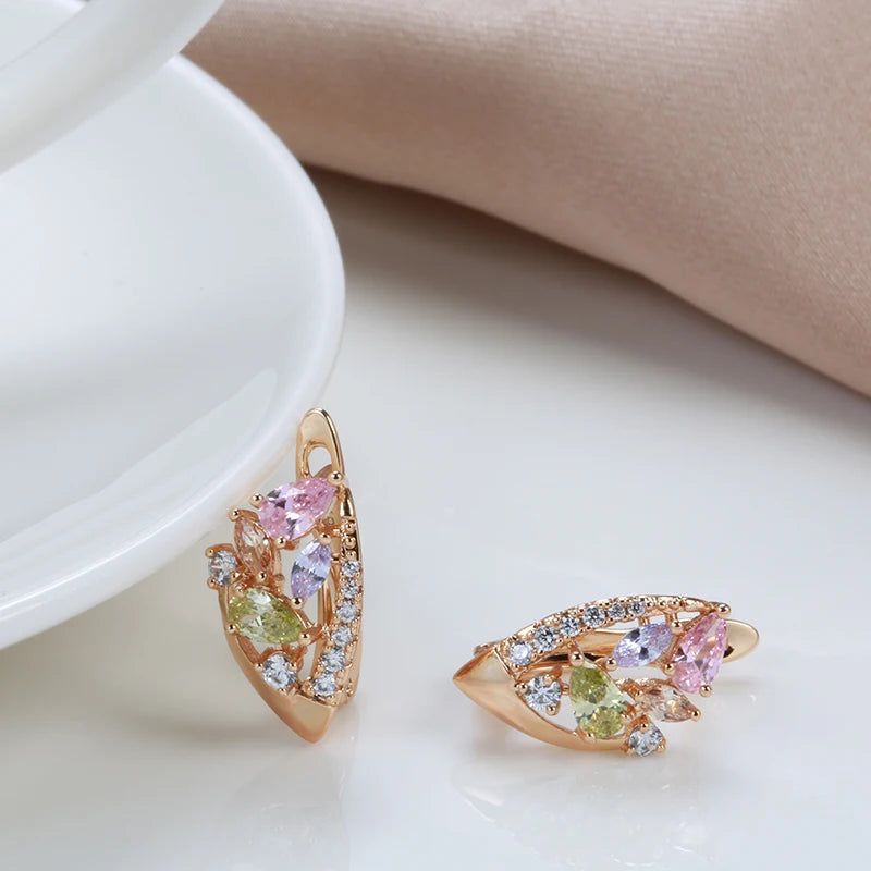 Elegant 585 Rose Gold Geometric Stud Earrings with Pink Natural Zircon