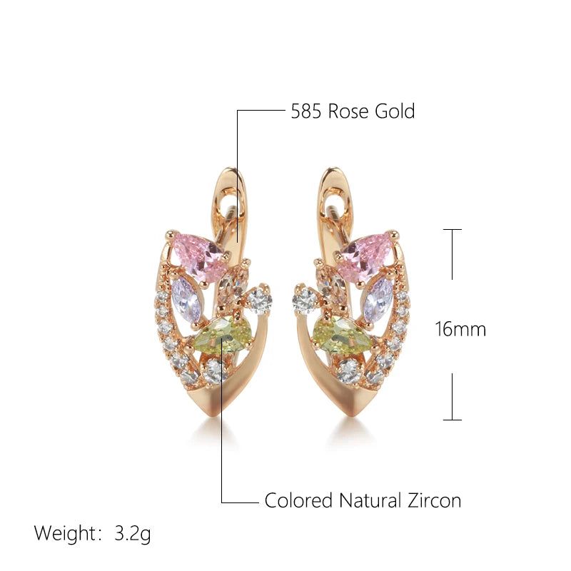 Elegant 585 Rose Gold Geometric Stud Earrings with Pink Natural Zircon