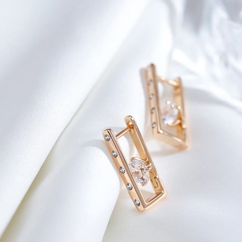 Elegant 585 Rose Gold Geometric Zircon Drop Earrings - High-Quality Fashion Jewelry