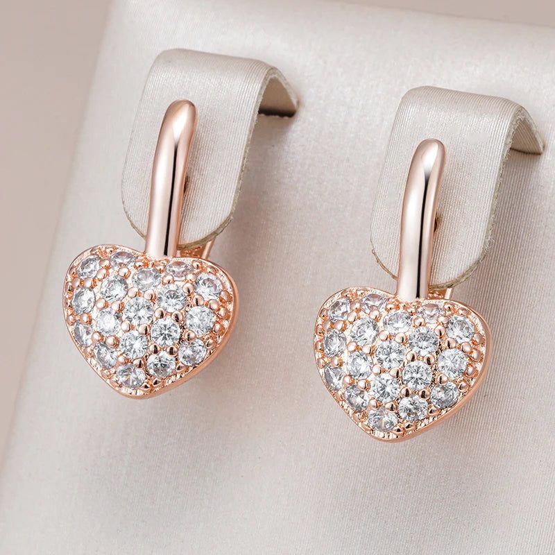 Elegant 585 Rose Gold Heart Earrings with Shiny Natural Zircon - Perfect for Valentine's Day and Special Occasions