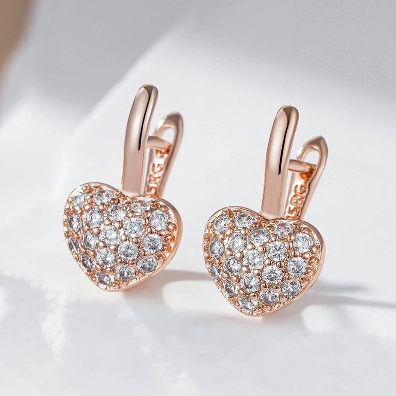 Elegant 585 Rose Gold Heart Earrings with Shiny Natural Zircon - Perfect for Valentine's Day and Special Occasions