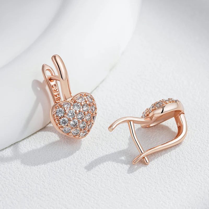 Elegant 585 Rose Gold Heart Earrings with Shiny Natural Zircon - Perfect for Valentine's Day and Special Occasions