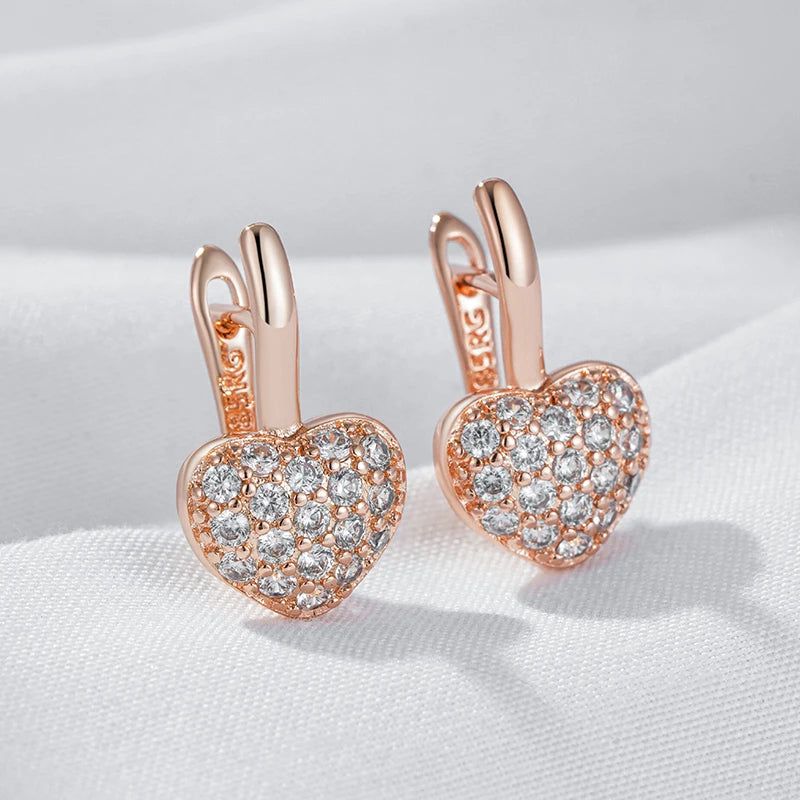 Elegant 585 Rose Gold Heart Earrings with Shiny Natural Zircon - Perfect for Valentine's Day and Special Occasions