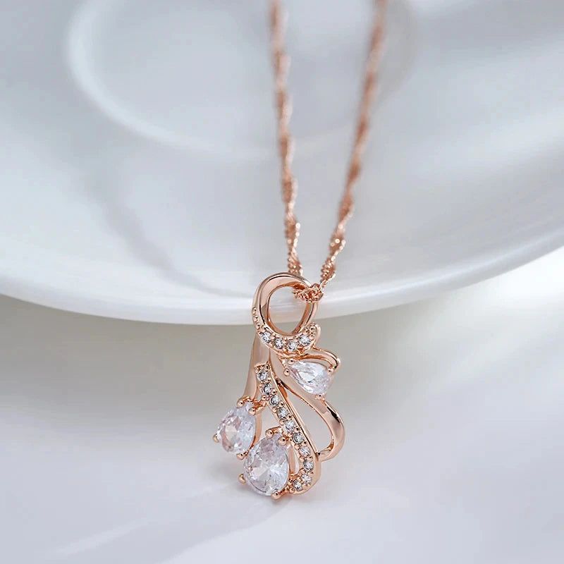 Elegant 585 Rose Gold Hollow Floral Pendant Necklace with Natural Zircon Accents