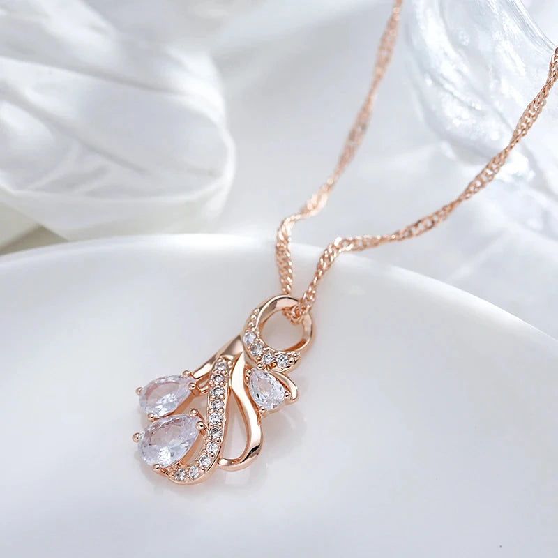 Elegant 585 Rose Gold Hollow Floral Pendant Necklace with Natural Zircon Accents